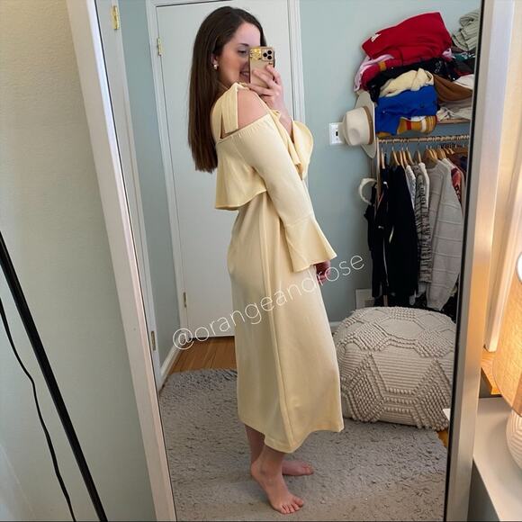 NWT GANNI Cream Tan Neutral Crepe Long Sleeve Ribbon Maxi Dress Clark 38 Medium - Picture 6 of 9